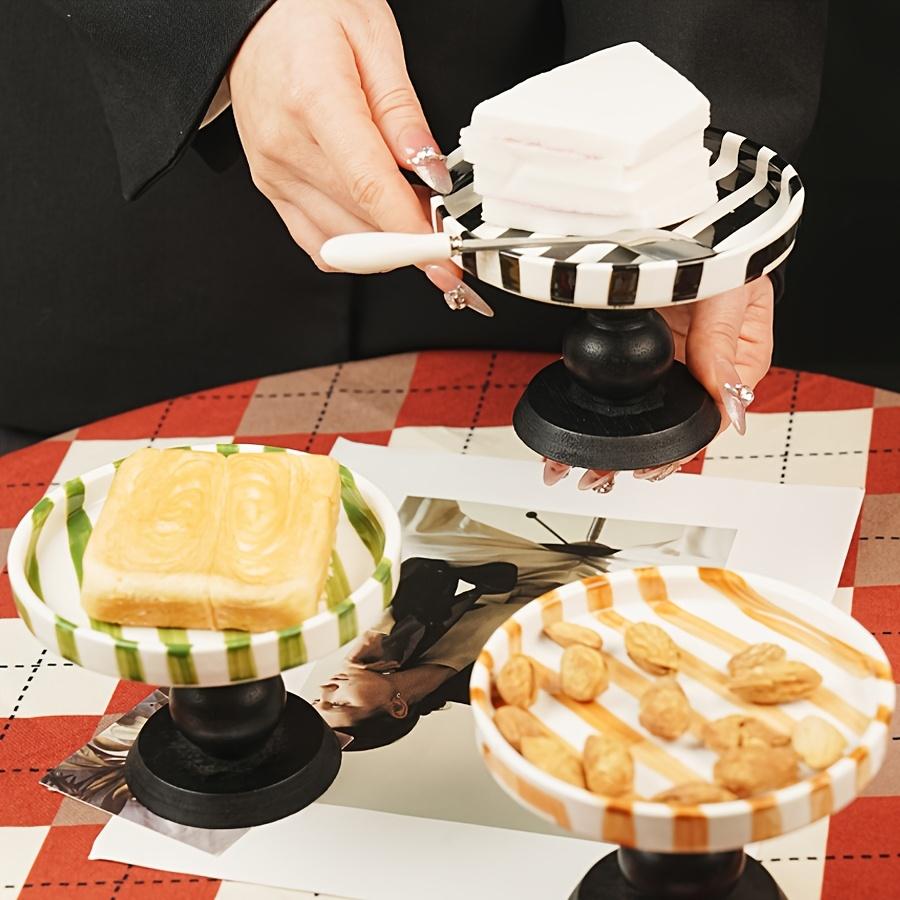 Ceramic Striped Cake Fruit Tray Wood Egg Tray Dessert Storages Shelf Wooden Tall Footed Snack Decorative Tray KitchenAccessories