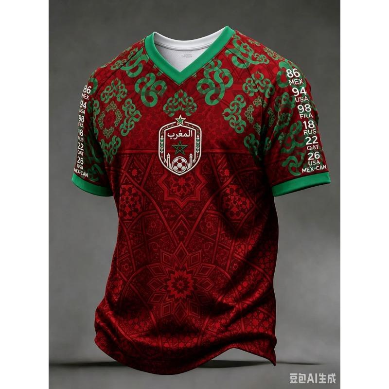 NOVÝ fotbalový dres Marockého týmu Červený Zelený Raglánový Rukáv 3D TISK Krátký Rukáv Fotbalové Tričko Unisex Fanouškovské Tréninkové Sportovní Tričko Top
