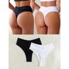 Black White High Waist Ruched Thong Bikini Bottoms High Cut Swim Bottoms