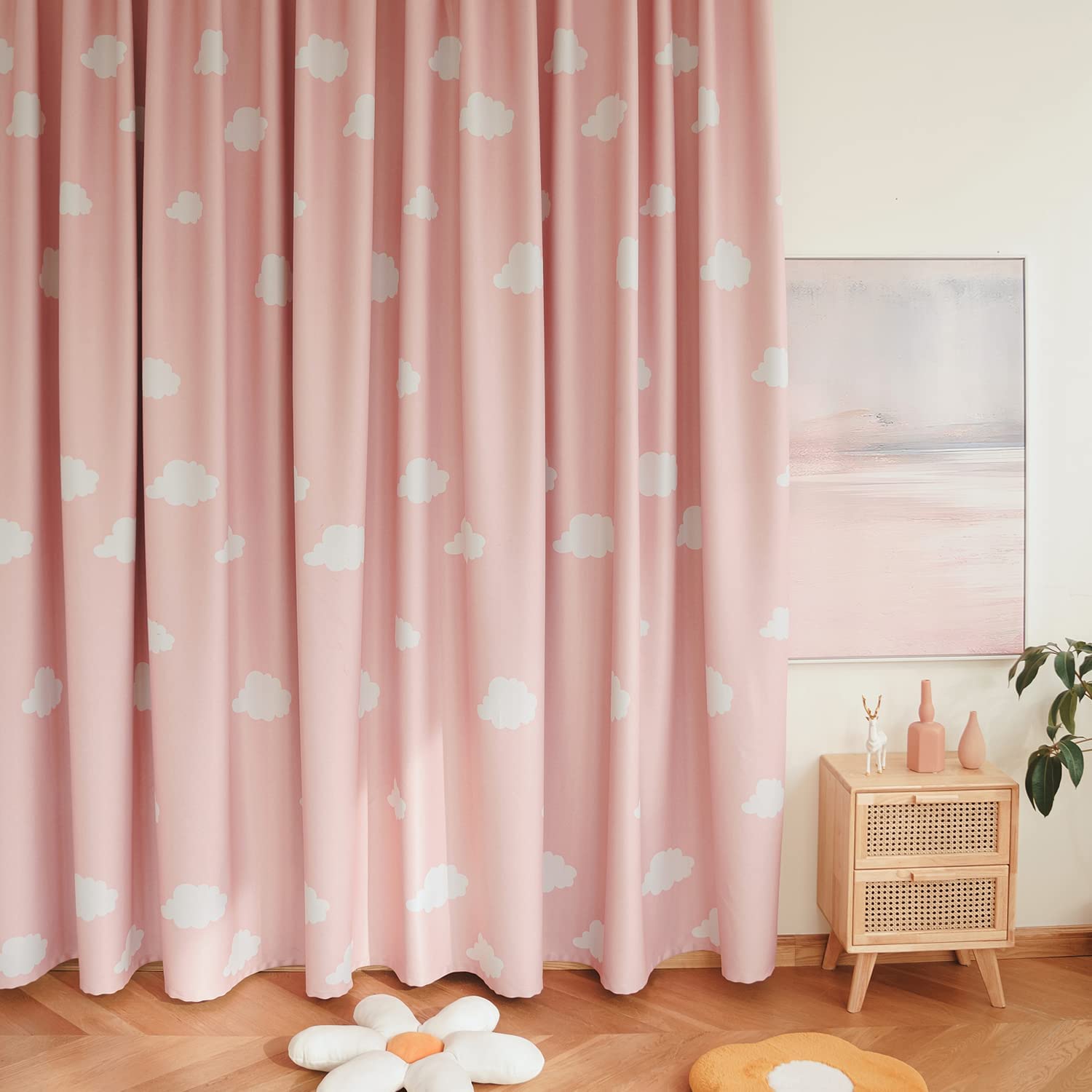 

Милые белые шторы-облака для затемнения, термоизоляции, идеально подходят для комнат и набор 150 см шириной x 130 см длиной, детские комнаты, шторы, трехслойное плетение, розовый