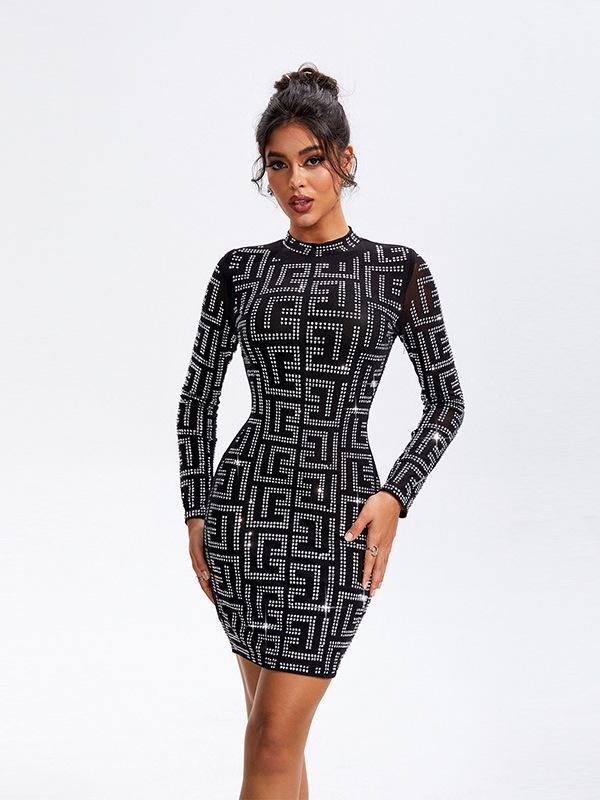 

Европейское и американское женское платье с длинными рукавами, эластичной сеткой и дизайном с горячей фиксацией M чёрный