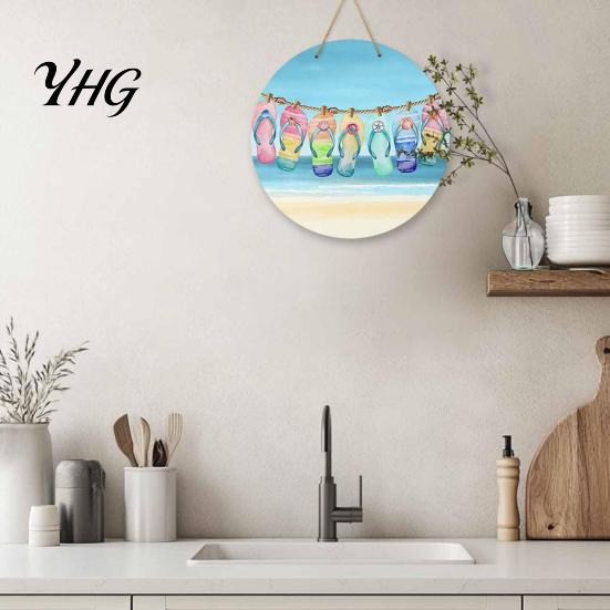 Holiday House Ornament Round Wooden Door Hanger, Watercolor Beach Welcome Sign, Hello Sunshine Decorative Sign Please Wall Plaque for Summer