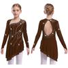 Sparkly Girls Lyrical Dance Dress with Sheer Sleeves Asymmetric Hem Cutout Back for Performance