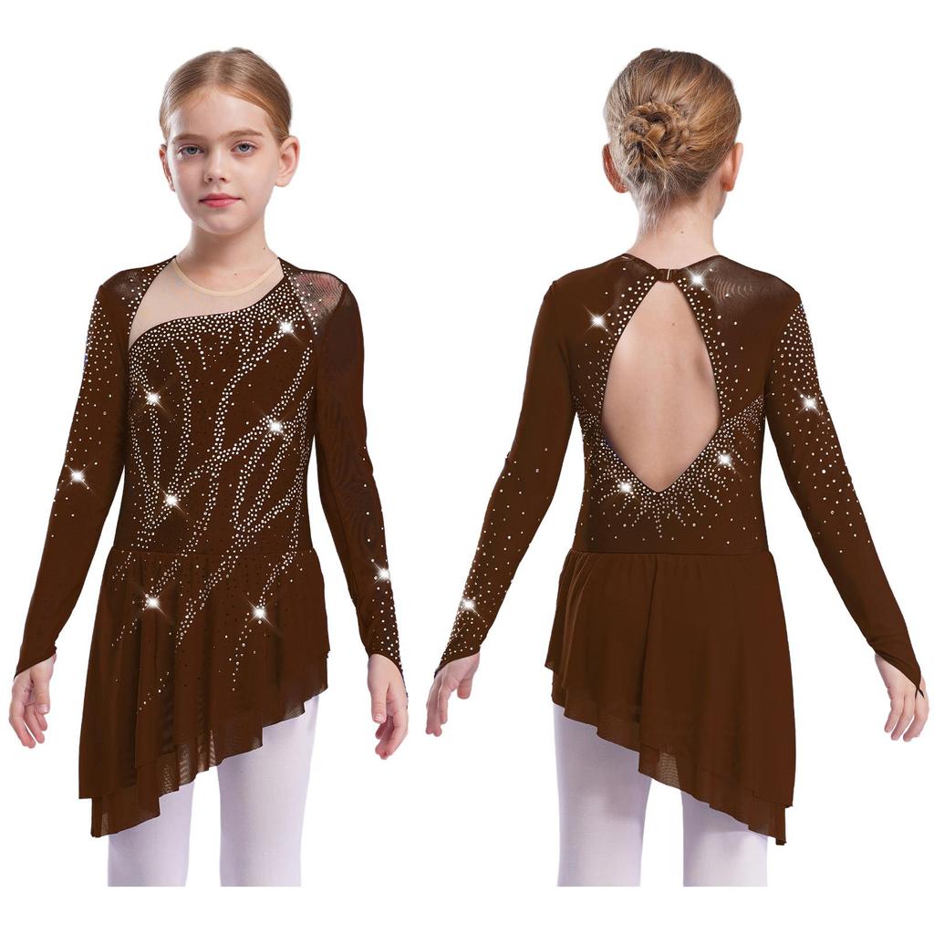 Sparkly Girls Lyrical Dance Dress with Sheer Sleeves Asymmetric Hem Cutout Back for Performance