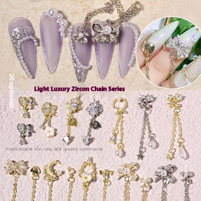 Nail Art Zircon Plated Real Gold Chain Jewelry Pearl Pendant Gold Bow Zircon Chain