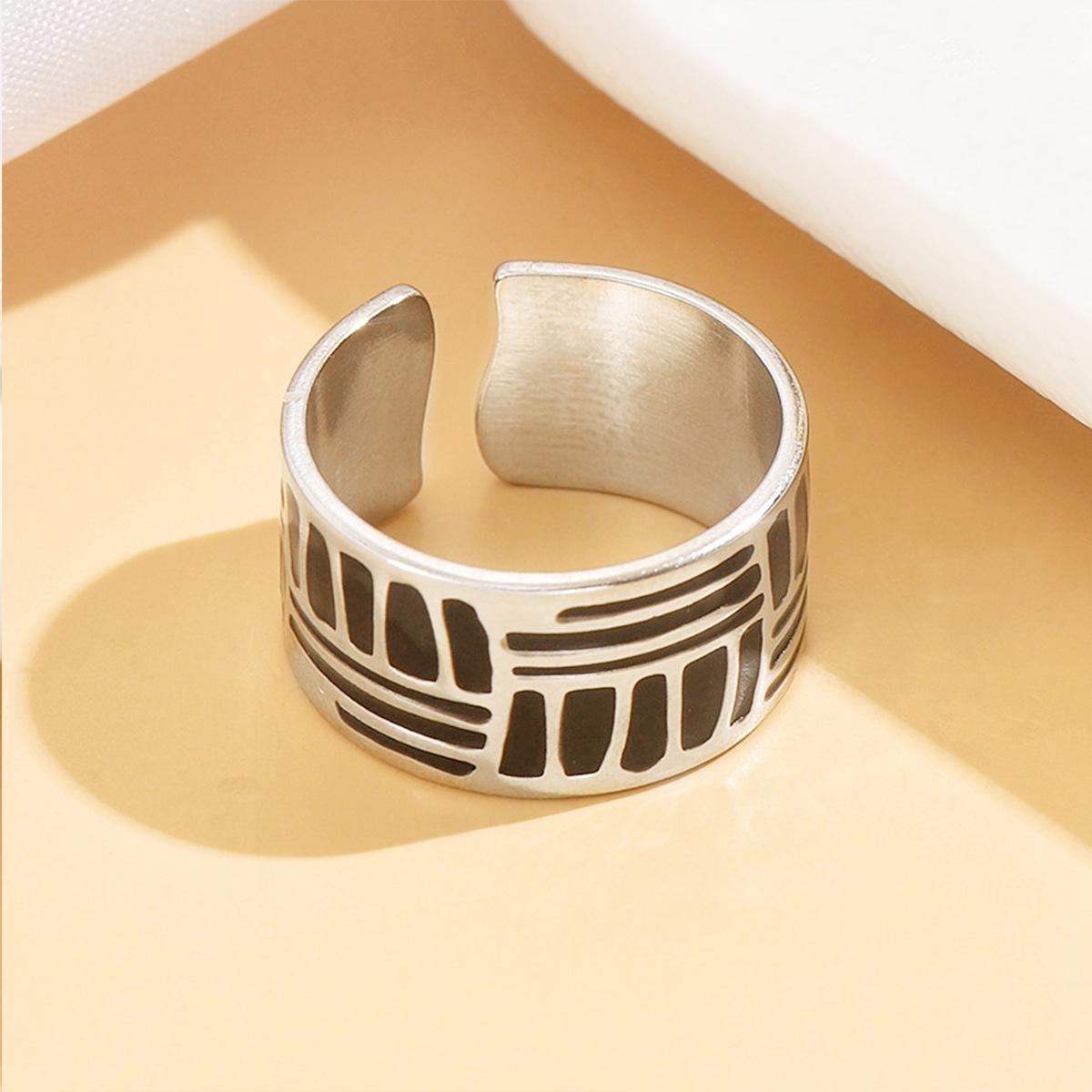 Retro Geometric Enamel Wide Band Stainless Steel Ring for Women