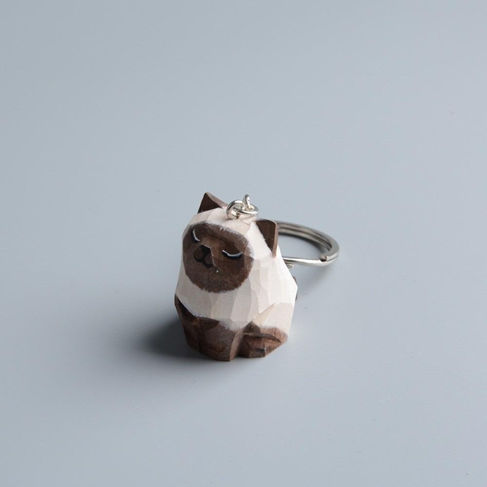 Handmade Ragdoll Cat Pendant Creative Siamese Cat Keyring Wooden Carving Cat Keychain  Kids Style 2