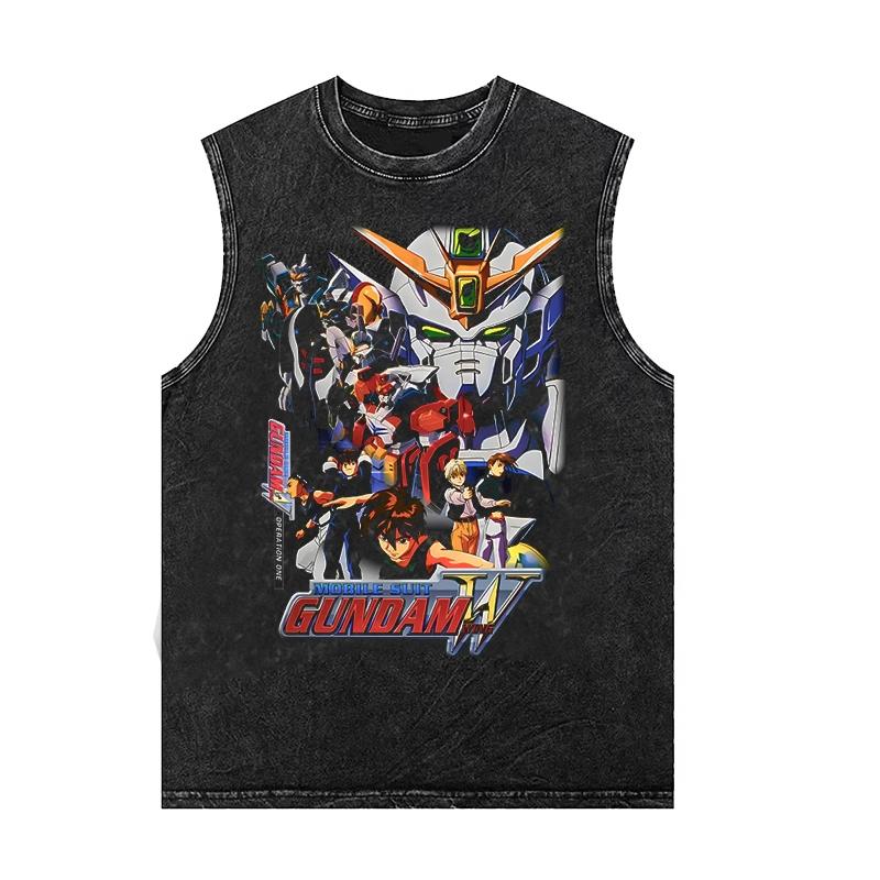 Anime Printed Washed Vest Vintage Sports Fitness Men's Short-Sleeved T Shirt Loose Oversized Tank Top Gym Clothing Summer