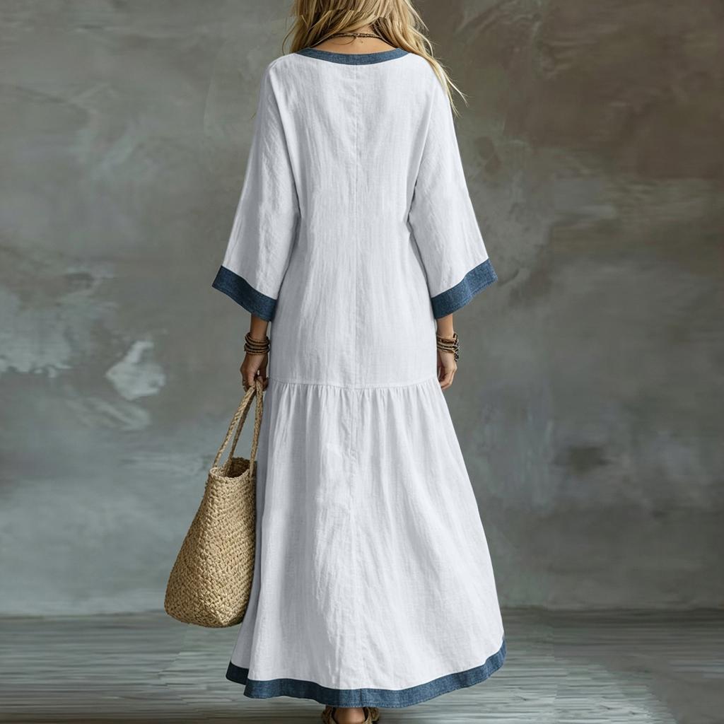 Women's V-Neck Loose Fit Bohemian Patchwork Slit Dress
