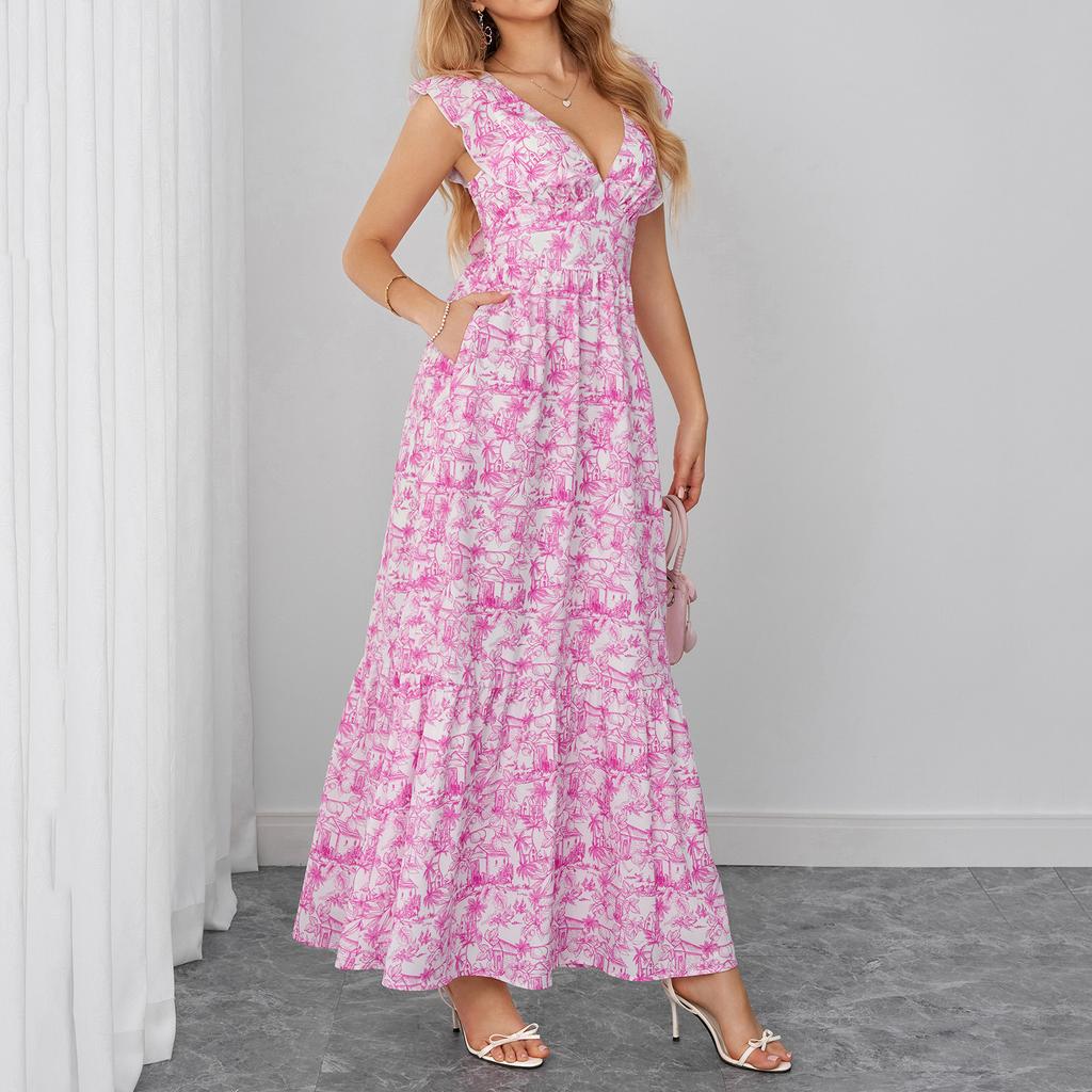 Summer new small fresh printing suspender dress, European and American sexy holiday style V-neck backless strap dress