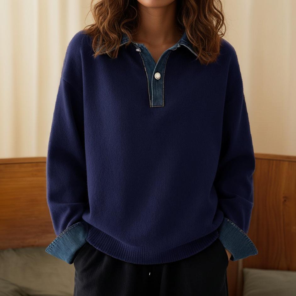 European & American Autumn/Winter Color Block Denim Patchwork Knit Pullover Sweater for Women