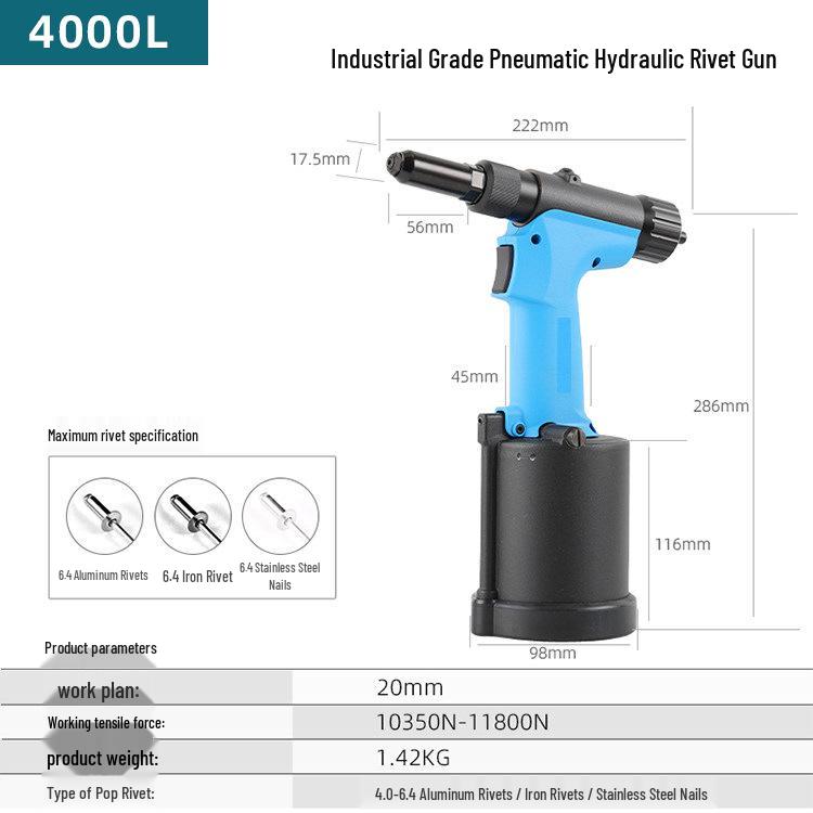 Industrial-Grade 4000H Automatic Pneumatic Rivet Gun, Self-Suction, Stainless Steel Blind & Pull Rivets