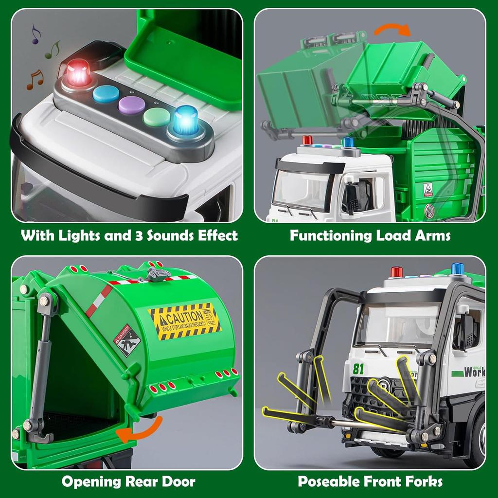 Garbage Truck Toys for Boys, 12" Big Trash Truck with Lights and Sounds, Friction Powered Waste Management Recycling Toy Set with 4 Trash Cans and