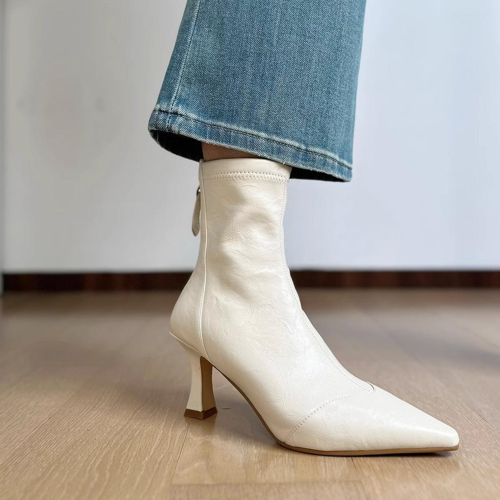 Cowhide version~ High heel pointed short boots French thin heel elastic boots women's versatile soft leather zipper leather thin boots