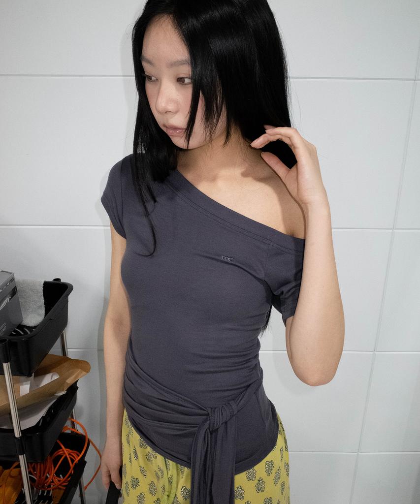 CHICKS Drape Strap One-Shoulder Short Sleeve Charcoal