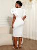 Plus Size Elegant White V-Neck Dress with Ruffle Sleeves and Cinched Waist