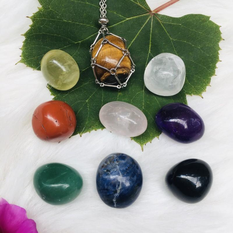Adjustable Bamboo Link Chain Necklace With Handwoven Crystal Mesh Pendant Natural Gemstone Boho Choker Women Men