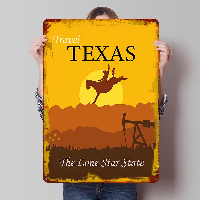 

Texas Travel Vintage Poster Customized Wall Art Vintage Metal Signs Retro Tin Plaque for Man Cave Room Decoration Gaming Decor 7.9x11.8In(20x30cm)