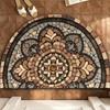 Vintage Brown Floral Mosaic Half Round Bath Mat, Non-Slip Water Absorbent Retro Tile Bathroom Floor Rug