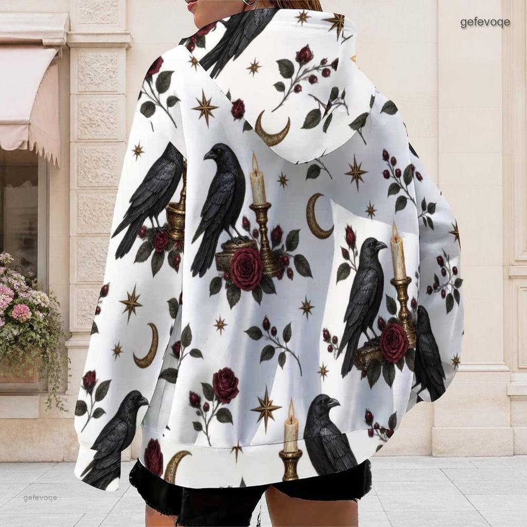 Women Plus Size Zip Up Long Sleeve Hoodie Black Cat Pumpkin Leaf Printed White Sweatshirt With Pockets