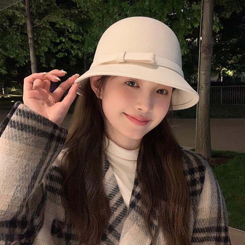 Autumn and Winter Bow Fashion Hat Hepburn Style Australian Wool Fisherman Hat French Retro Small Fragrance Elegant Top Hat