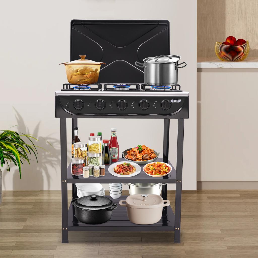 Bymaocar Black Gas Stove with 5 Burners, Portable Outdoor Barbecue Stove W/ 2-layer Storage Rack for Camping, Fishing, RV Travel