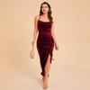 Women's Sexy Thin Straps Backless Slit Pleated Velvet Suspender Dress