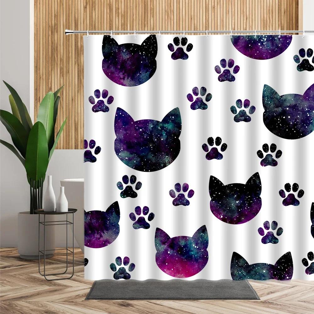 3D Cartoons Black White Cat Bathroom Waterproof Shower Curtain Simple Footprint Bathroom Curtains Set Bathtub Screen With Hooks