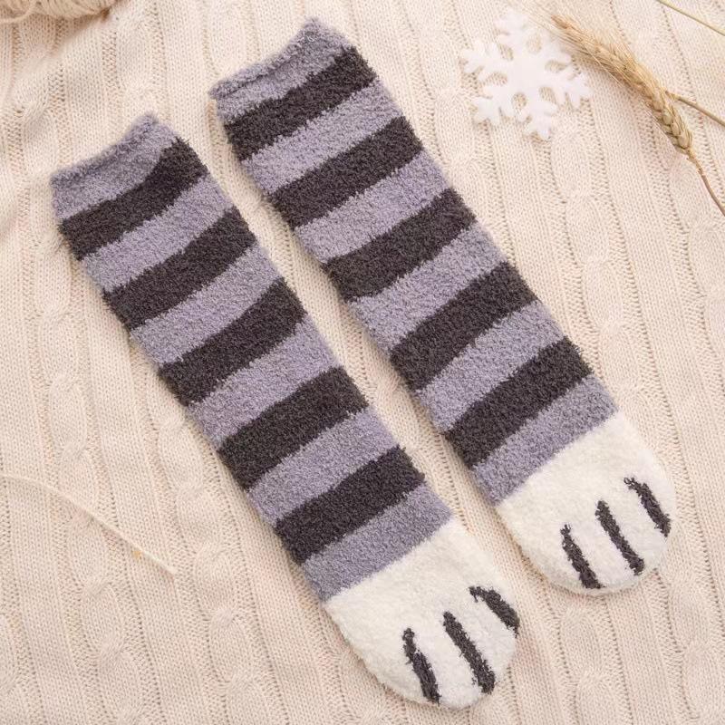 1-20Pairs Cute Cat Paw Floor Socks Coral Velvet Thickened Fleece Mid-calf Socks Warm Indoor Socks for Women Fall Winter Wear