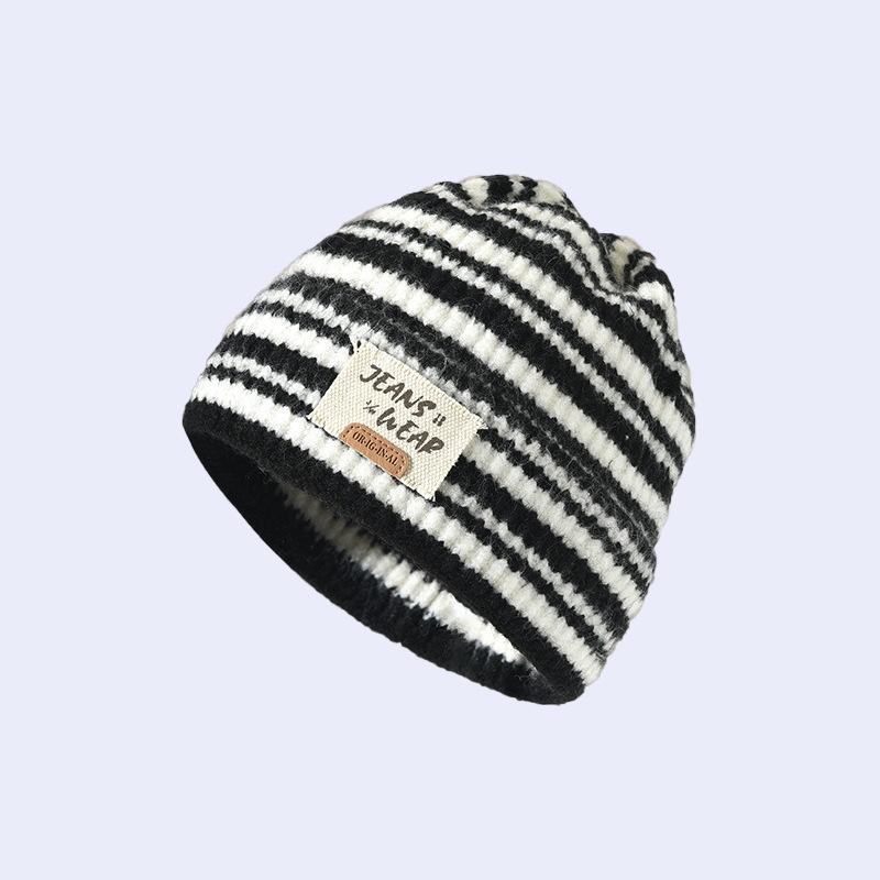 Large Head Circumference Knitted Hat Striped Color Matching Versatile Autumn and Winter Warm Fashion Label Small Woolen Hat Showing Face
