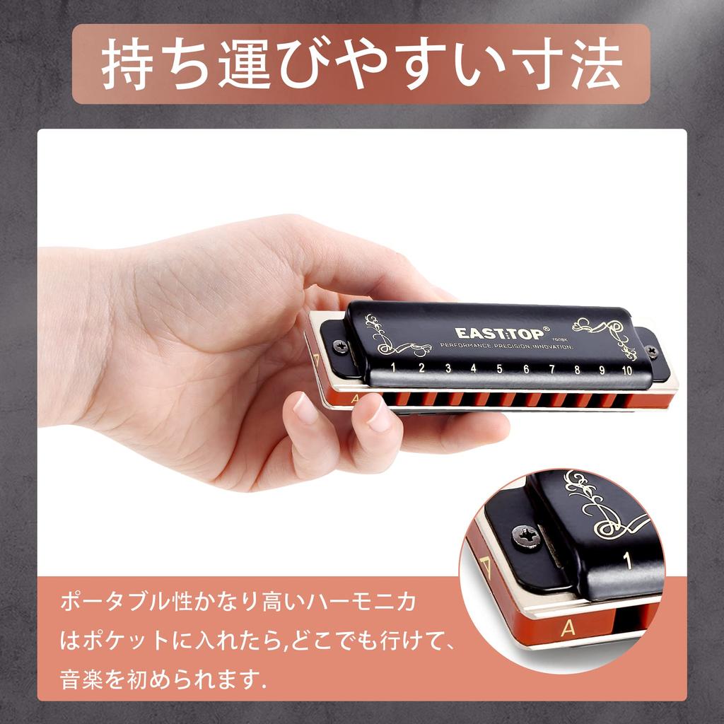 East Top Blues A Brass Canvas Cleaning Professional Diatonic Harmonica Harmonica, 10-Hole, 20-Tone, Key, Cover, Case, Cloth, (T008K-BK-A NEW)