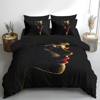 3-teiliges schwarzes Bettwäsche-Set mit wunderschönen roten Lippen-Druck, gemütliches Bettbezug-Set, King-, Queen-, Twin-, Einzelgröße, Geburtstagsgeschenk, Schlafzimmerdeko