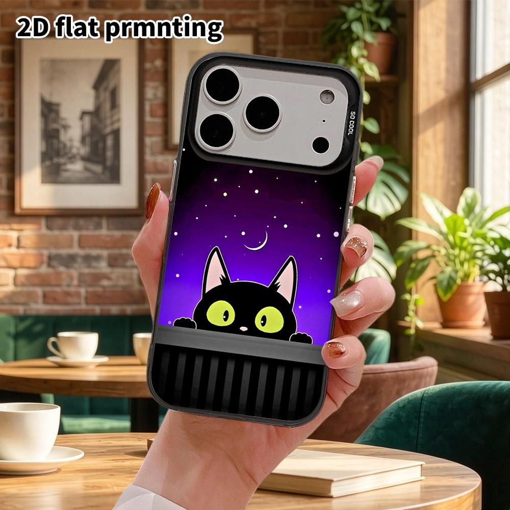 Phone Case: 2D Flat Design Suitable for iPhone 18 17 16 15 14 13 Pro, Colorful Silver Protective Case, Couple Style, Peeking Little Black Cat, Christm