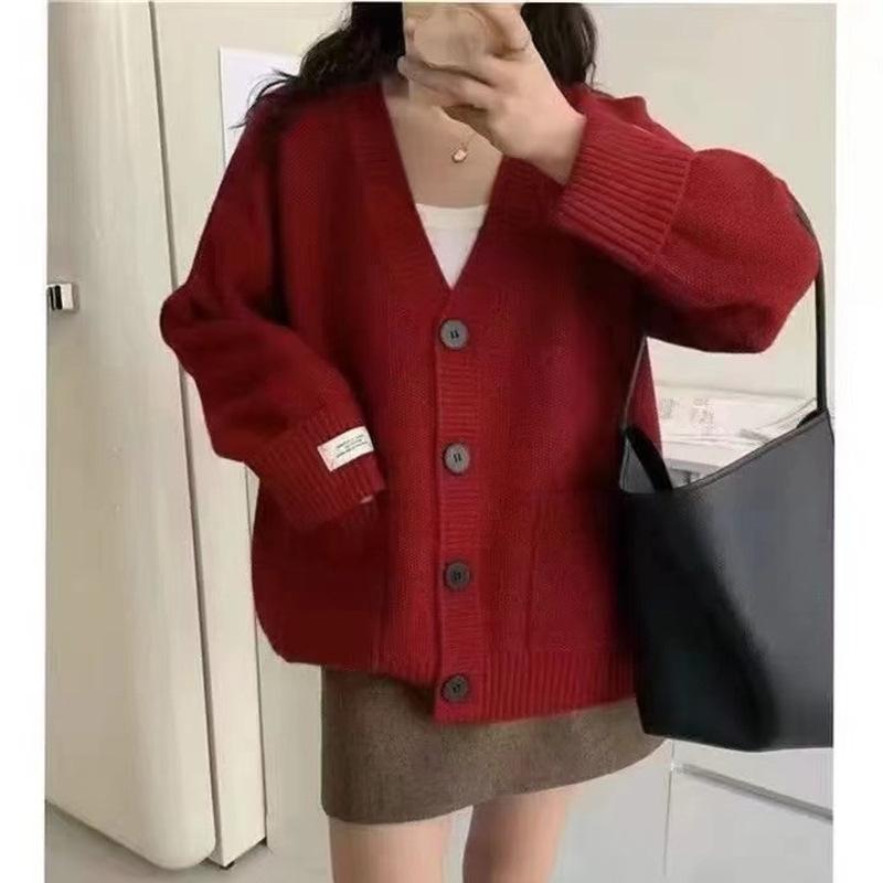 Fashion Solid Casual Grey Tops Sweater Women 2024 Autumn Warm Knitted V-neck Long Sleeve Women's Apricot Cardigans Coat