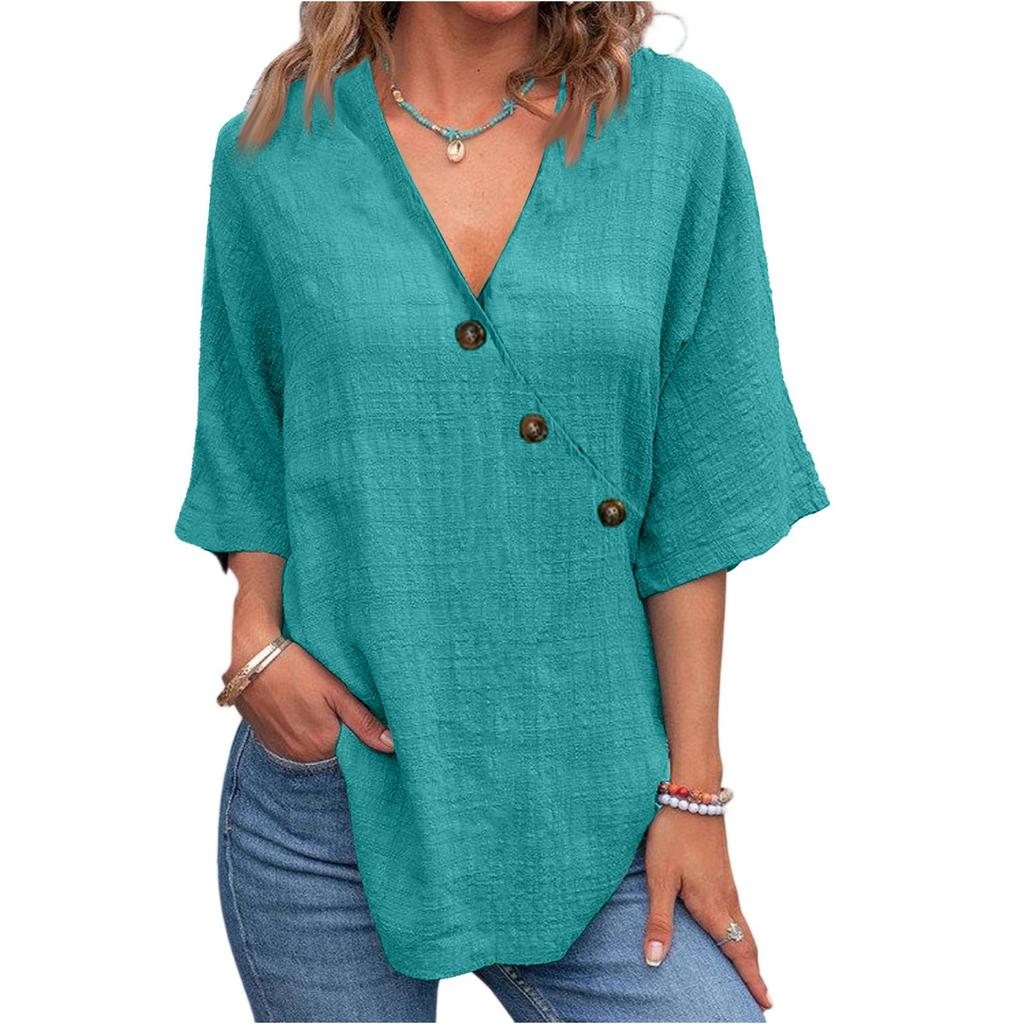 Women's Fashionable Loose Casual V-Neck Color Button Up Top Color Button Up Top