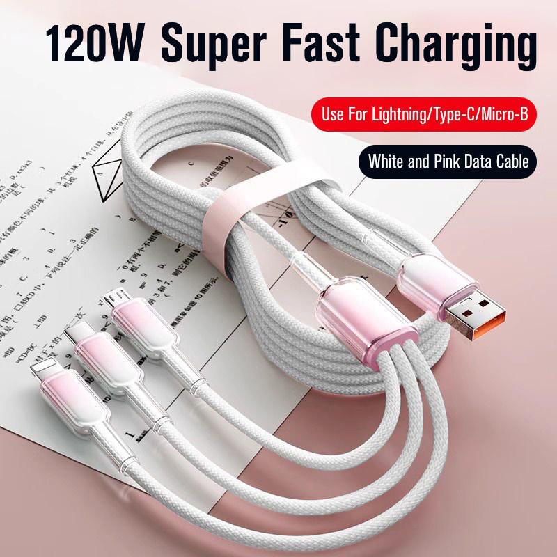 Ice Crystal 120W Tri-Head Fast Charging Cable for Apple, Android, Huawei