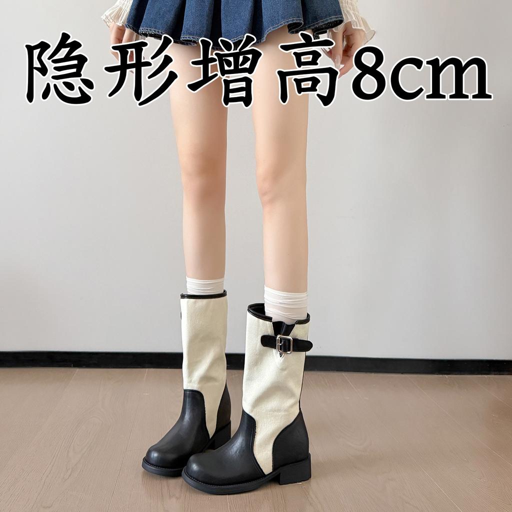 Spot locomotive boots inner height increase cm thick heel buckle desert cowboy pile western short boots women's Martin boots medium tube