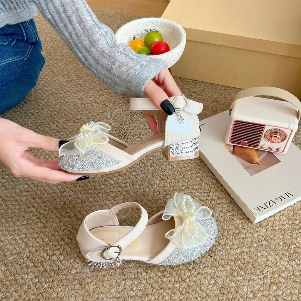 Girls' High-Heeled Closed-Toe Crystal Sandals with Soft Soles - Summer New Princess Leather Shoes.