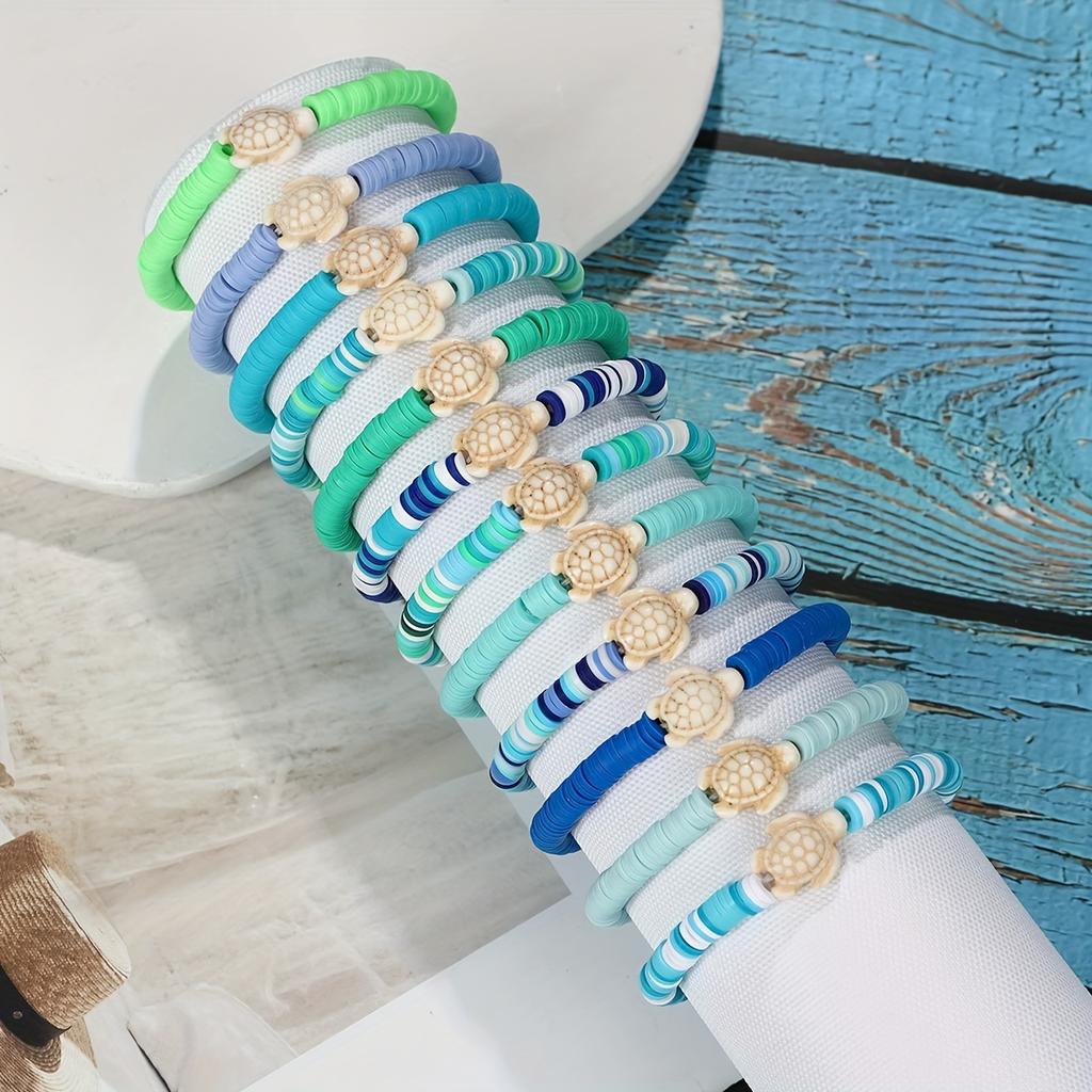 WTEMPO Summer Ocean-Themed Polymer Clay Bracelet Set Cute Stackable Stretch Bracelets & Anklet with Synthetic Turquoise and Sea Turtle Charms