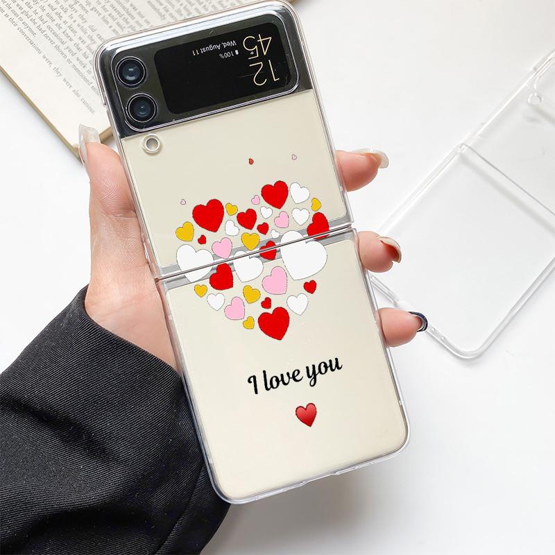 I Love You Pink Heart Fashion Phone Case For Samsung Galaxy Z Flip 3 4 5 6 7 Hard Folding Z Flip4 Clear PC Cover Protector Gift