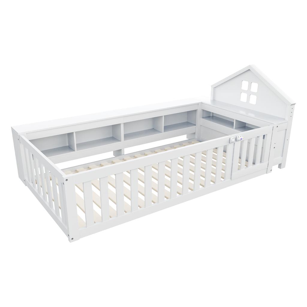 Children's bed 90 x 200 cm, with roof trim and window, with storage compartment, with safety rail and door, solid wood bed with slatted frame, white
