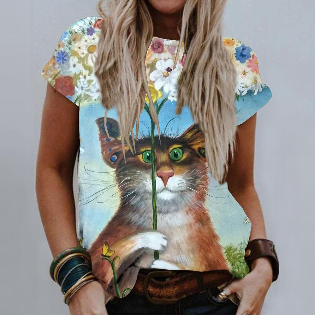 Sommer Rund Hals 3D Kattetrykk Topp Moteabel Casual Kort Ermet Dame T-skjorter