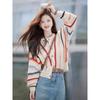 2025 New Rainbow Color Cardigan Women Sweater Autumn Sweet Fashion Elegant O Neck Knit Coats Hollow Crochet Casual Loose Long Sleeve Jacket Clothing