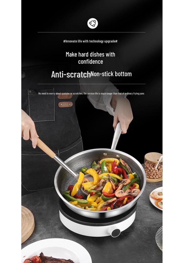 Extra Thick Non-stick Stainless Steel Honeycomb Wok - Flat-bottomed Frying Pan for Cooking