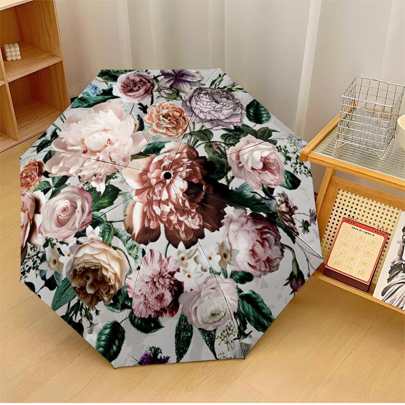 Retro flowers (2) Theme Automatic Umbrella Compact 8-Rib Design Sturdy Construction Durable Umbrella Stylish Accessory