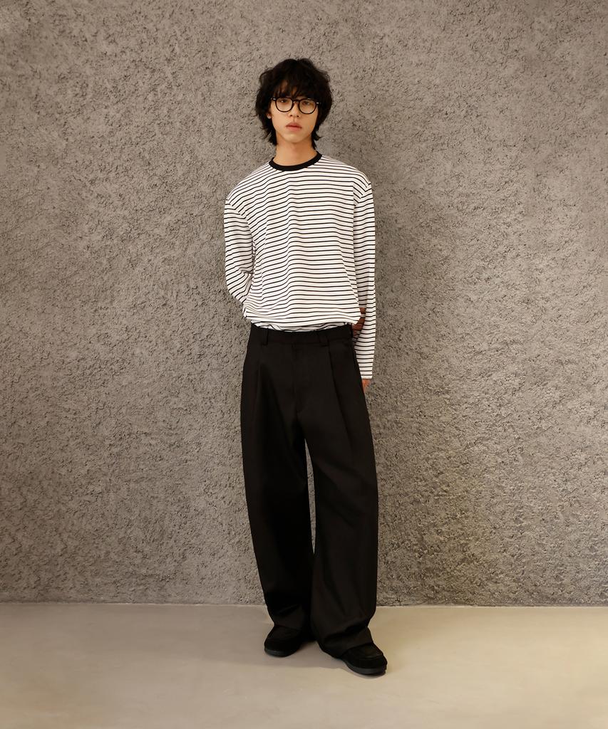SIGNATURE One-Pleat Wide Cotton Pants [Black]