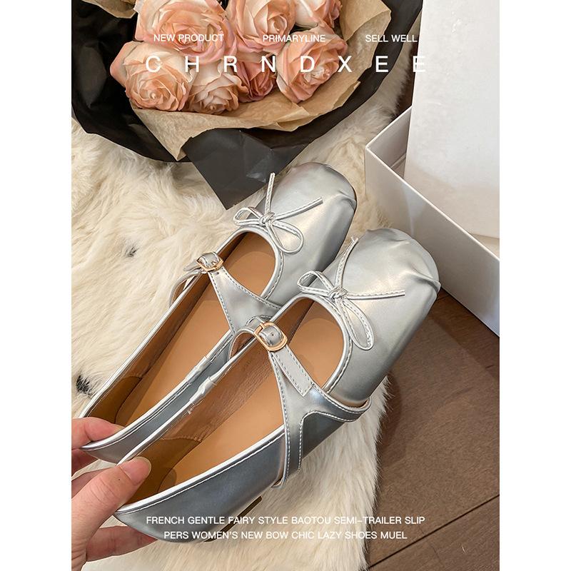 Sheepskin Version~ Silver Temperament Retro Single Shoes French Ballet Shoes Women's Bow Square Head Light Mouth Soft Flat Shoes
