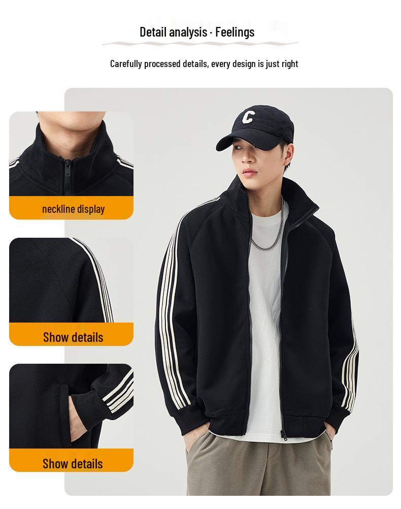An Yang 2024 Men's Striped Stand Collar Jacket - Trendy Zipper Cardigan Hoodie