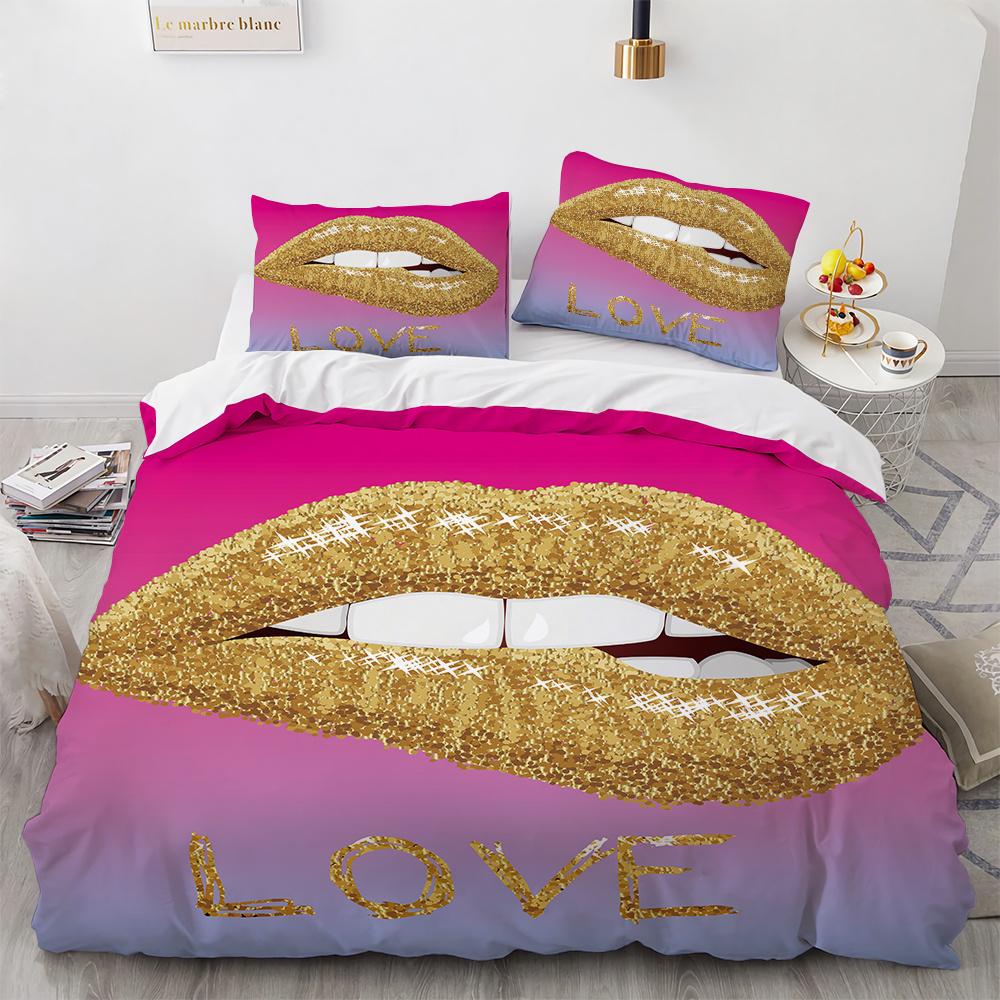 3D Druck Rote Lippen Bettbezug Set Sexy Thema Romantischer Stil für Mädchen Frauen Paar Bettwäsche Set King Queen Größe mit Kissenbezug