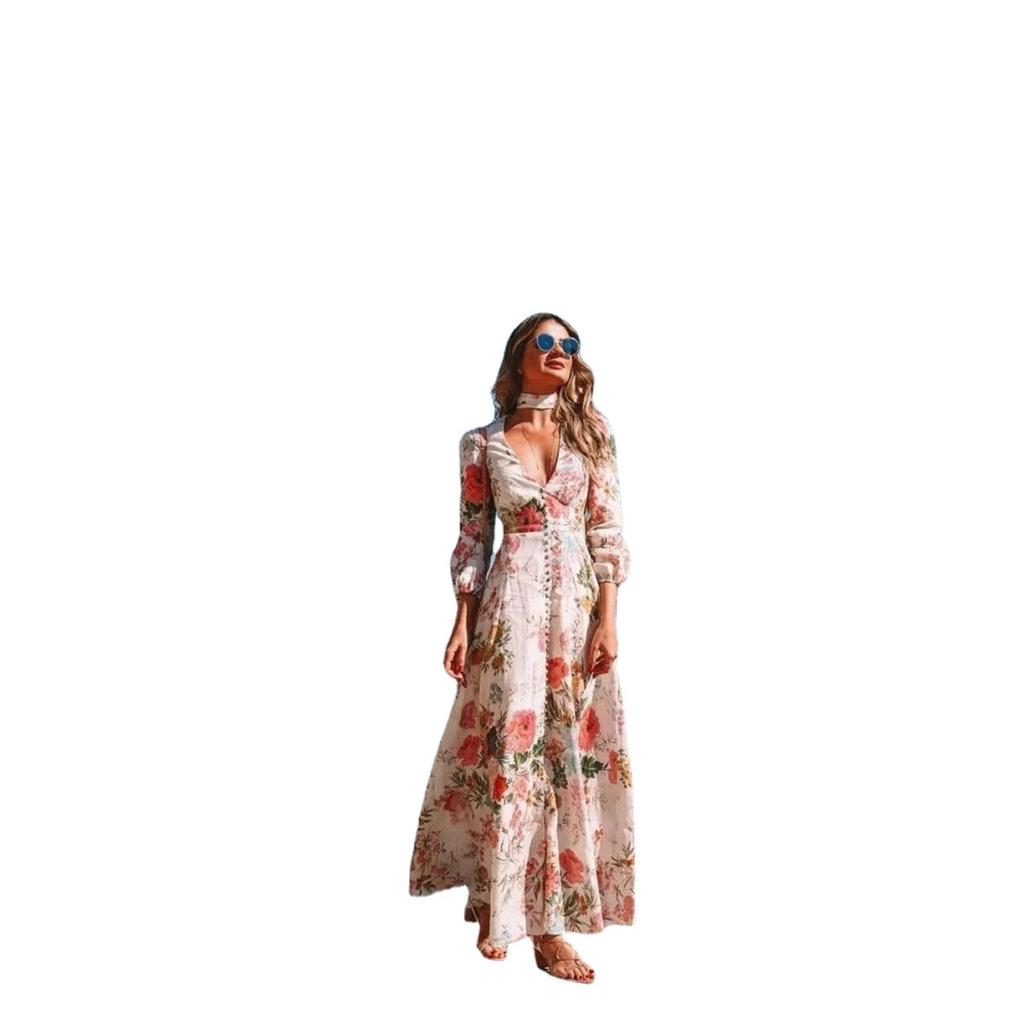 Spring and summer new romantic floral print deep v-neck long-sleeved pendulum maxi dress